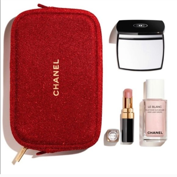 CHANEL Other - Chanel Red Glitter Pouch Good to Glow Makeup Set